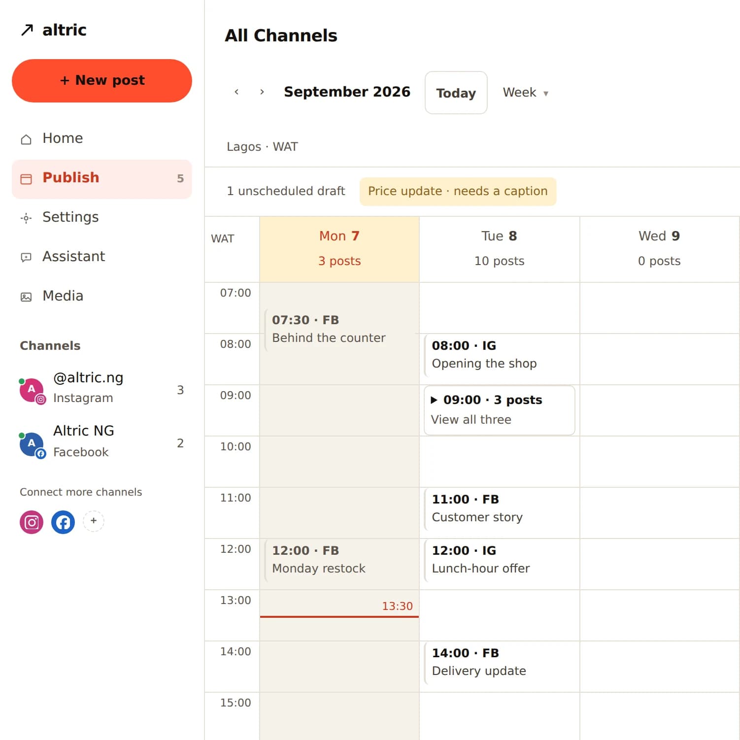 The current Altric calendar prototype showing Instagram and Facebook posts scheduled across a week.